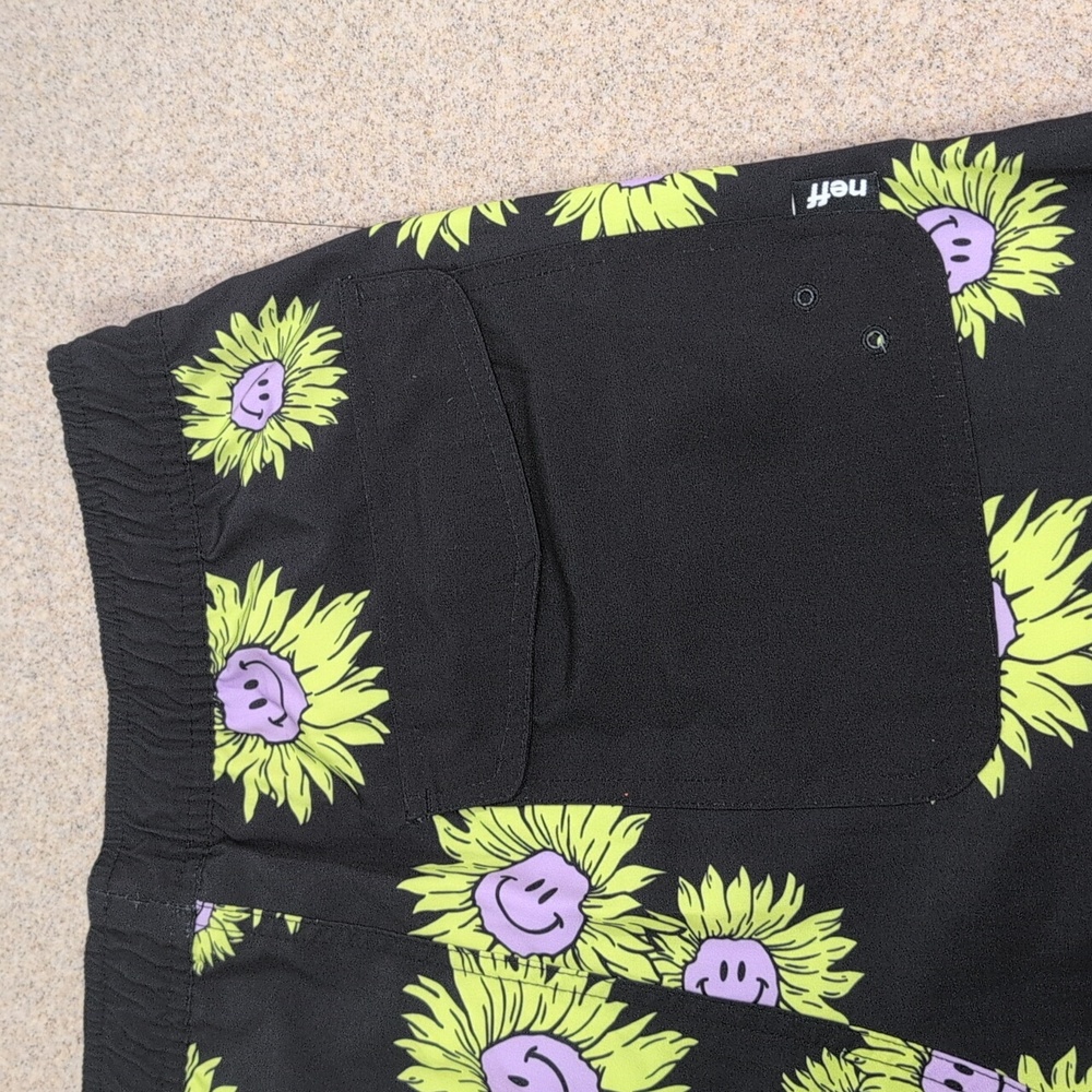 Neff Shorts, Smiley Face Flowers Sunshine, Retro Look Board Shorts Trunks, Large - Picture 9 of 12